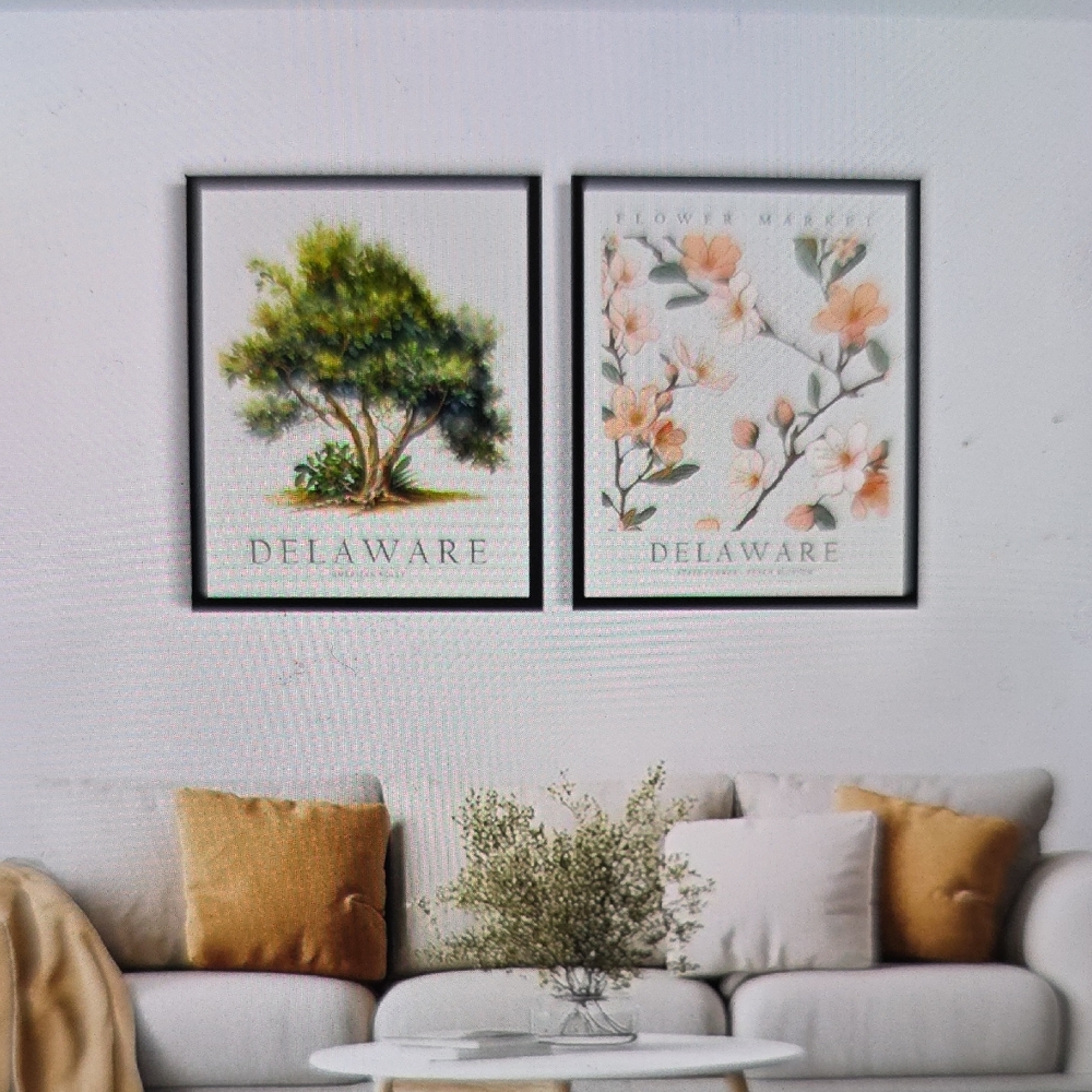 Delaware Tree & Flower Art Prints Set 8x10 Inches 2 Panels Unframed